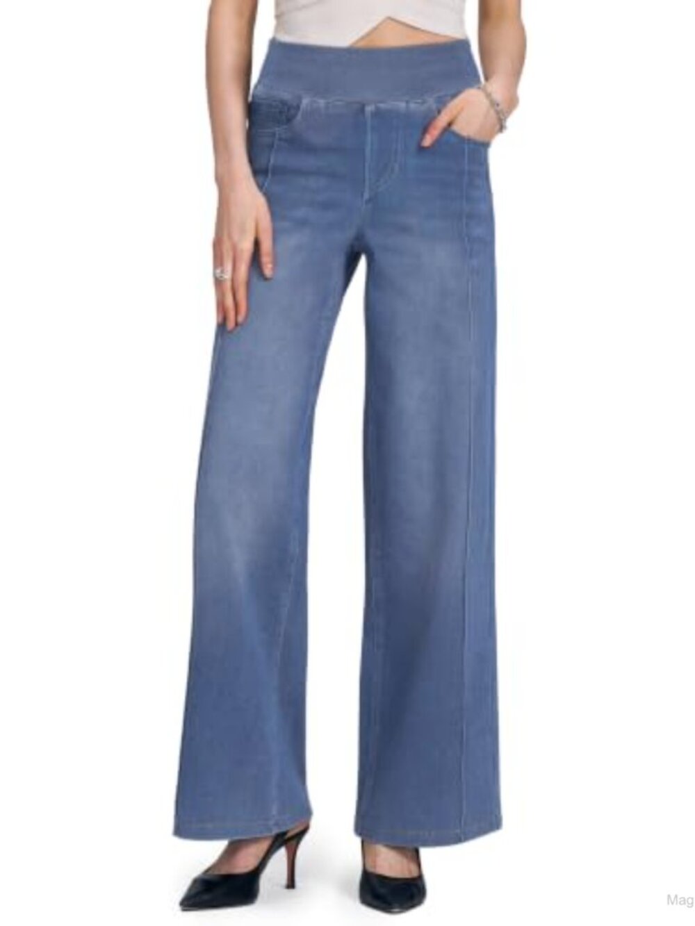 Pull On Wide Leg Jeans Women High Waisted Tummy Control Stretchy Knit